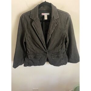 Mad Design Womens Gray Textured Denim Blazer Jacket 3/4 Sleeve Size L RN 47486